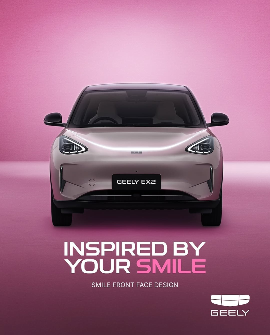 Happiness looks good on you and on Geely EX2 too.__Desain depan Geely EX2 terinspirasi dari senyuman_ menghadirkan kesan cerah dan penuh energi di setiap pe(